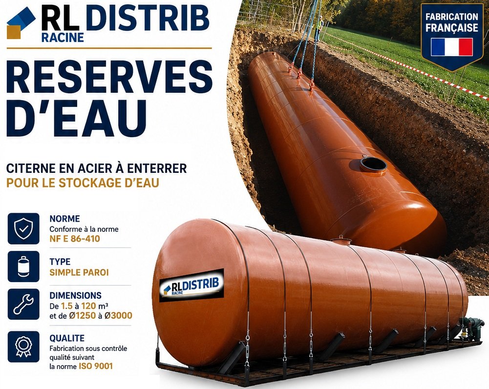 Citerne acier enterr&eacute;e 10000 L conforme NF E 86-410. Fabrication fran&ccedil;aise, acier S235JR, livraison, d&eacute;chargement et mise au sol sous conditions.